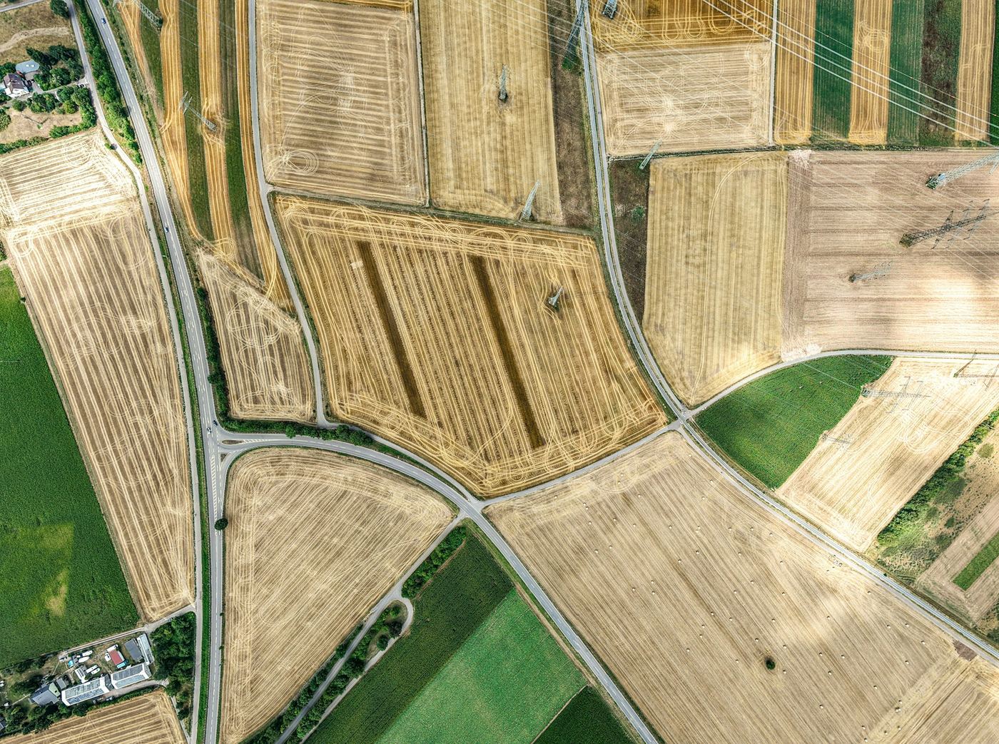 Aerial view of a patchwork of farm paddocks
